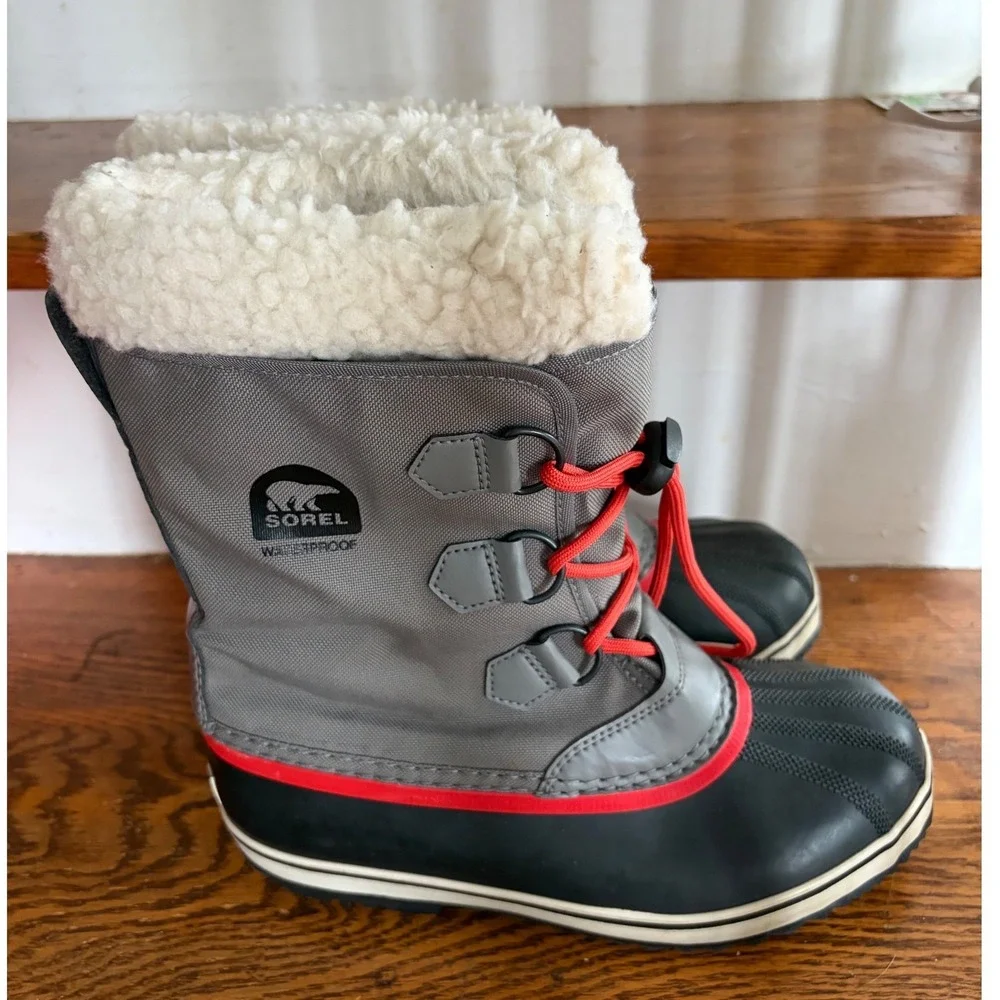 Sorel Yoot Pac Nylon Waterproof Winter Snow Boots Gray Red NY1879-053 Size 6